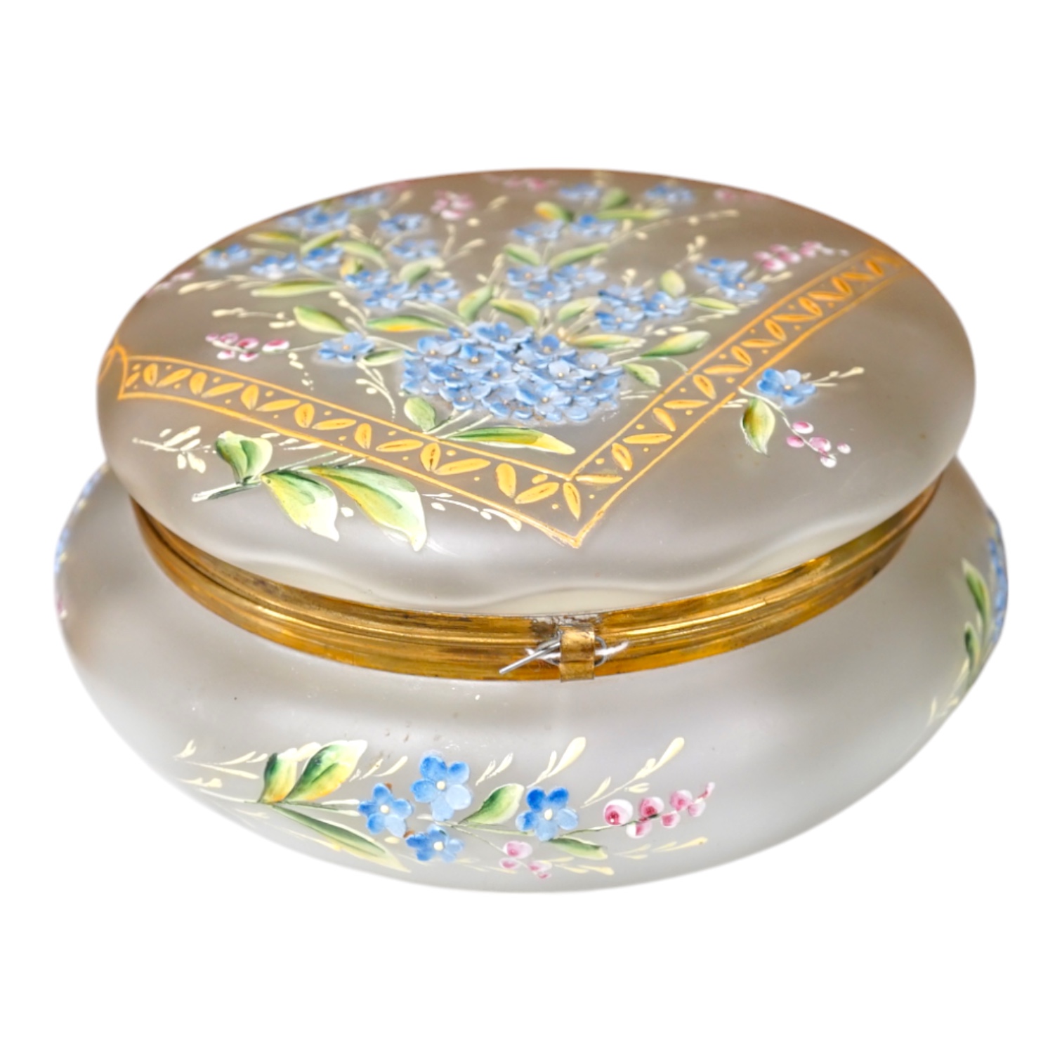 A Bohemian forget-me-not enamelled glass box and cover 18cm diameter. Condition - poor to fair, hinge broken.